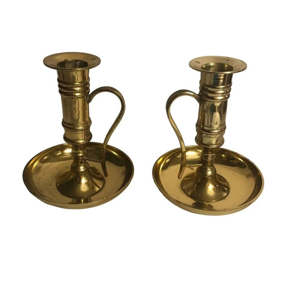 Vtg Brass Pair 2 Chamber Stick 4.75" x 3.75" Candlestick Candle Holder Handle - Picture 4 of 8